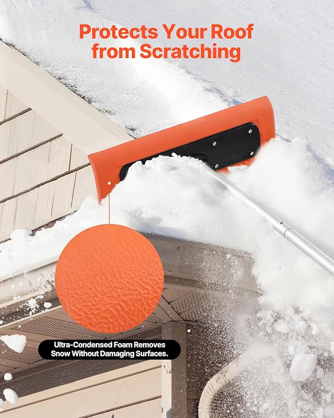 VEVOR Snow Roof Rake, 17.7 in Foam Blade, 7.3-18.4 ft Adjustable Roof Snow Scraper, Extension Tubes & Non-Slip Handle, Lightweight Snows Removal Tool for House Leaves Debris Clearing