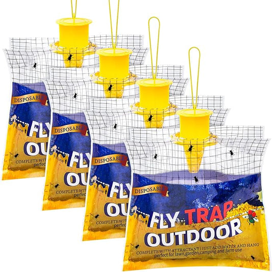 Disposable Fly Traps Bags 4 Pack Hanging Outdoor, Flies Traps with Natural Pre-Bait Refill Catcher Repellent, Stable Horse Ranch Killer Helps Control
