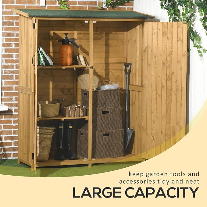 Outsunny Outdoor Storage Cabinet Wooden Garden Shed Utility Tool Organizer with Waterproof Asphalt Rood, Lockable Doors, 3 Tier Shelves for Lawn, Backyard, Natural