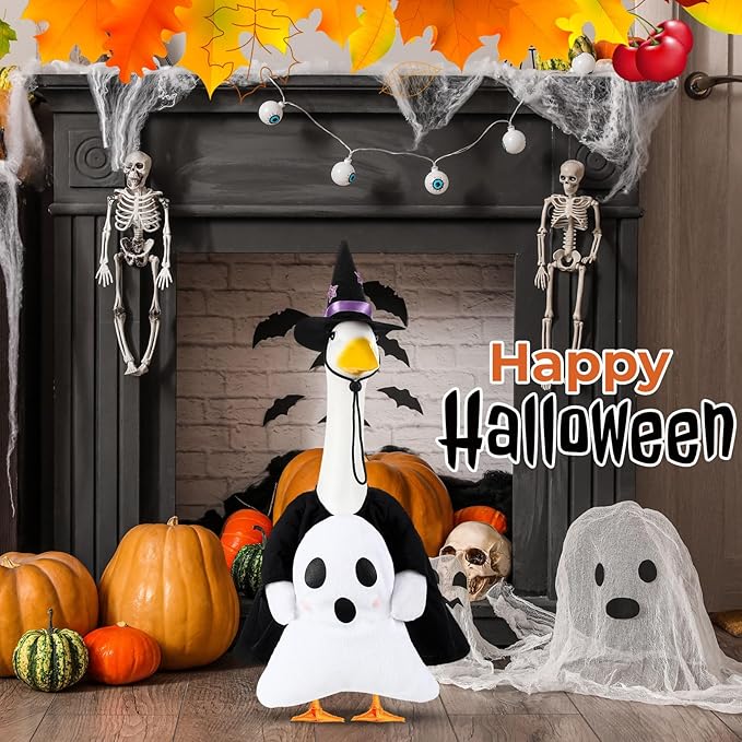 Sanwuta 1 Set Halloween Porch Goose Outfit Ghost Pillow Design with Witch Hat for 23" Lawn Cement Goose Porch Geese Clothes Costume for Halloween Garden Patio Yard Outdoor Decorations