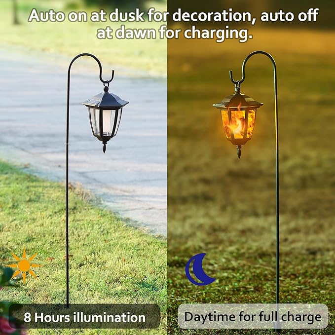 Dynaming 4 Pack Solar Flame Hanging Lights Outdoor, Solar Flickering Flame LED Garden Lanterns with 4 x 38 Inch Shepherd Hooks, Landscape Lighting Waterproof for Lawn Patio Yard Pathway Driveway