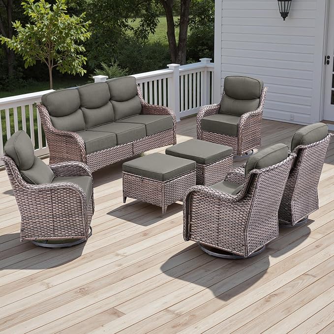 Wicker Outdoor Patio Furniture Set - 7 Piece Patio Conversation Sets with Swivel Rocker Chairs, Ottomans and Sofa, 6 inch Cushions, Waterproof Wicker, for Porch Deck Brown/Grey