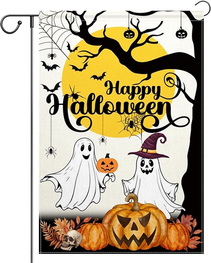 ChloropLastid Happy Halloween Ghost Garden Flag Double Sided 12x18 Inch Halloween Pumpkin Holiday Outside Outdoor Decorations Burlap Yard Flag