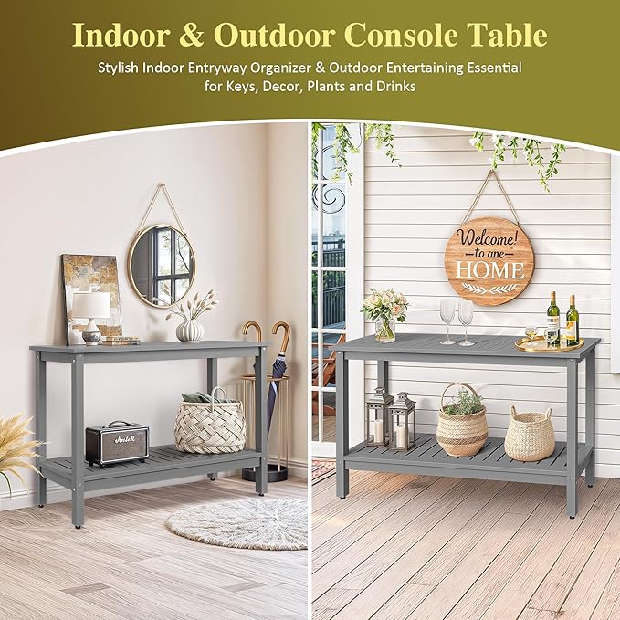 SUPER DEAL 48 inch Outdoor Console Table, 2-Tier Solid Wood Side Table Multifunctional Buffet Bar Storage Organizer with Adjustable Feet for All-Weather Indoor Outdoor Porch, Grey
