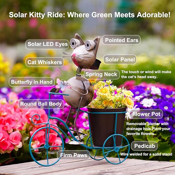 14”Solar Bike Cat Statue Lights Outdoor Metal Yard Art, Funny Bicycle Plant Stand for Garden Patio Decor Lawn Ornaments (Bicycling Cat)