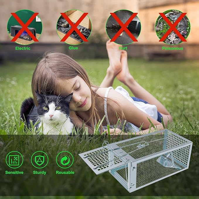 Humane Rat Traps 2-Pack, No Kill Small Animal Mouse Squirrel Cage Traps, Vole Mice Live Cage Catch and Release, Chipmunk Rodent Trap Mouse Traps That Work for Indoor and Outdoor