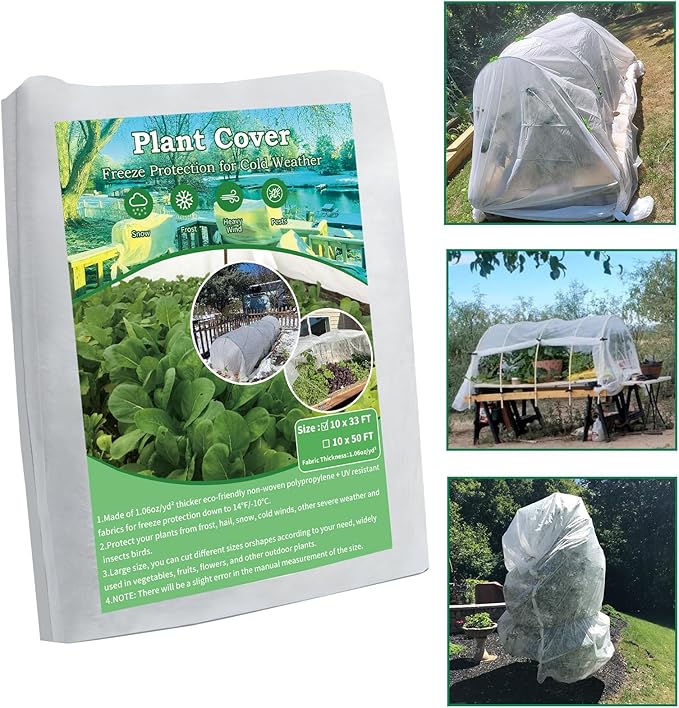 Plant Covers Freeze Protection, 10 FT x 33 FT Frost Blankets 1.06oz/yd² Thick crop cover , Reusable Garden Frost Cloth Floating Row Tree Covers for Winter Outdoor Plants vegetables seed Fruit