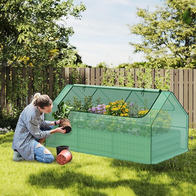 Aoodor 6 x 3 x 3 ft Raised Garden Bed with Mini Greenhouse Kit, Metal Planter Box with 2 Roll-Up Zipper Doors for Vegetables, Herbs, and Flowers