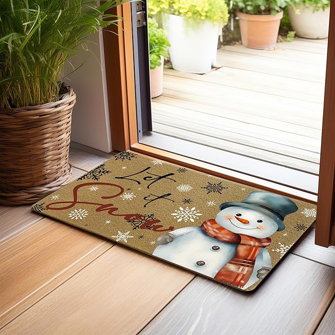 Let It Snow Christmas Faux Coir Door Mats Outdoor, Christmas Holiday Door Mat for Home Outside Entryway, Xmas Snowman Snowflake Welcome Doormat for Indoor Outdoor Porch Entrance, 17x30 Inch