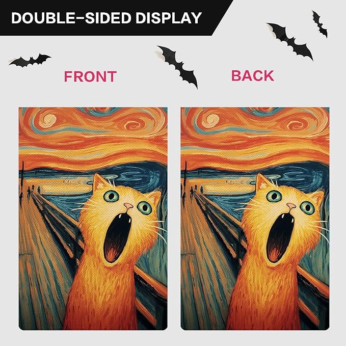 Screaming Orange Cat Garden Flag The Scream Halloween Garden Flag Vertical Double Sided Rustic Farmland Burlap Yard Lawn Outdoor Decor 12.5x18"