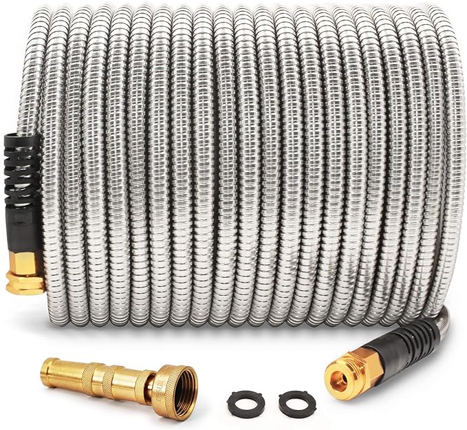 Cesun Metal Water Hose 50 ft, Outdoor Heavy Duty Garden Hose, Flexible, No Kink and Lightweight Stainless Steel Garden Hose for RV, Outdoor, Yard, Lawn, 50 foot x 5/8", Female to Male