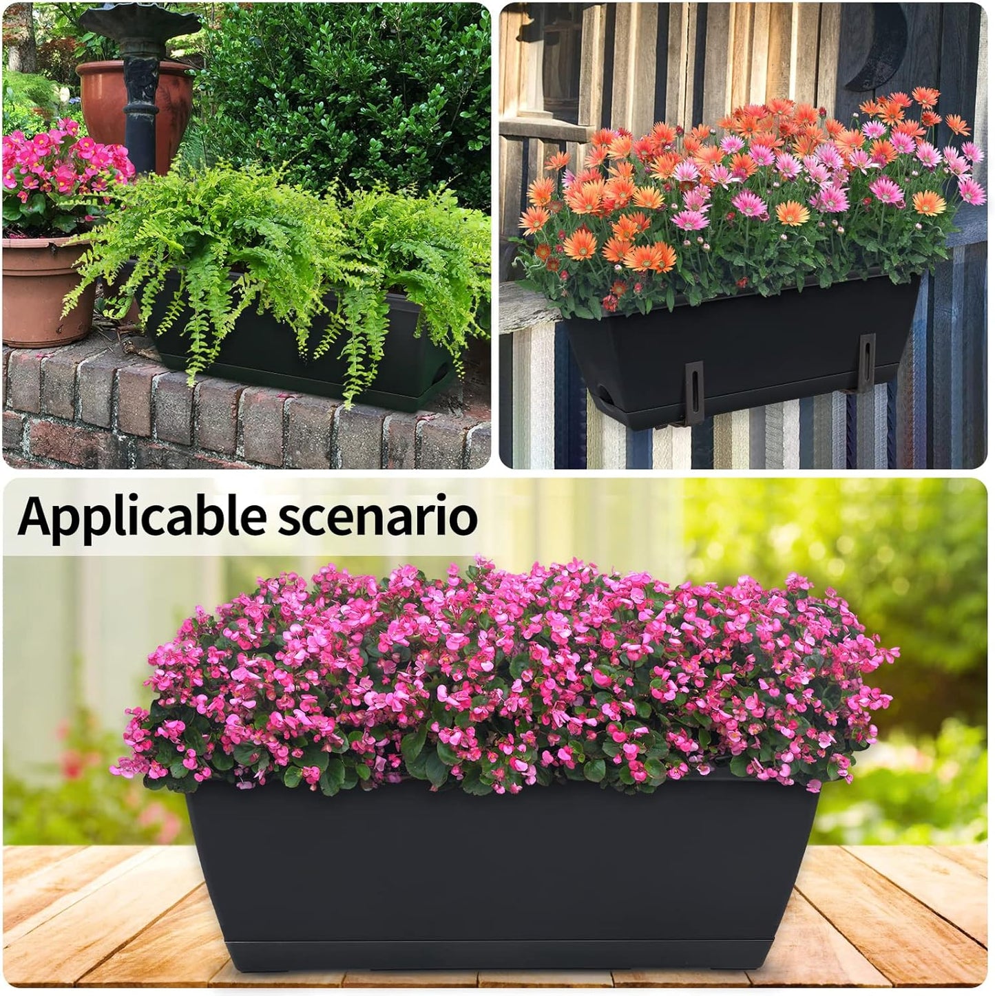 Window Box Planter, 10 Pack Plastic Vegetable Flower Planters Boxes 17 Inches Rectangular Flower Pots with Saucers for Indoor Outdoor Garden, Patio, Home Decor (Black)