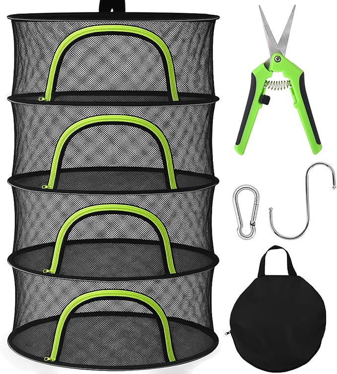 Herb Drying Rack Hanging Mesh 4 Layer 24" with Zipper, Garden Pruning Shear, Hook & Carabiner Clip for Drying Herbs, Plants, Seeds, Buds | Hydroponics & Grow Tents Herb Dryer Hanging Rack