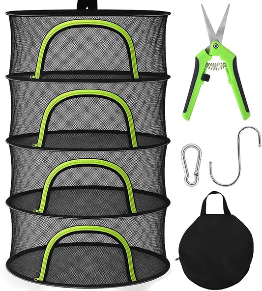 Herb Drying Rack Hanging Mesh 4 Layer 24" with Zipper, Garden Pruning Shear, Hook & Carabiner Clip for Drying Herbs, Plants, Seeds, Buds | Hydroponics & Grow Tents Herb Dryer Hanging Rack