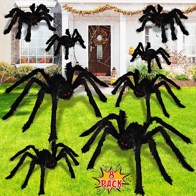 Dreampark Realistic Hairy Spider Decorations - 8 Pcs Scary Spider Props for Indoor/Outdoor House Yard Creepy Halloween Decor