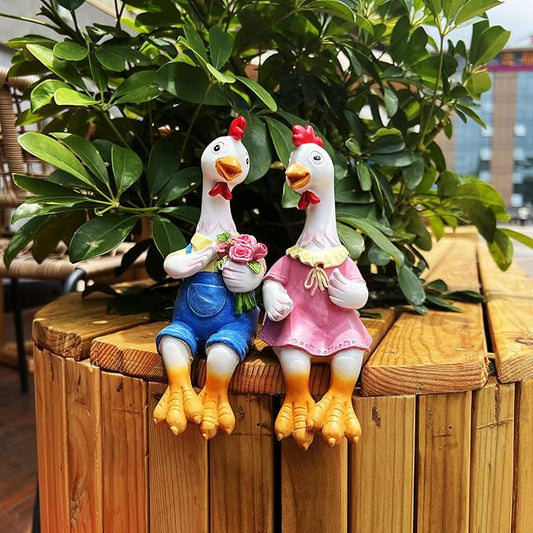 Handside Couple Duck Garden Statues Cartoon Resin Cute Sitting Chicken Sculpture Goose Lovers Figurine Gift Decorations for Yard Home Patio and Office and Wedding (Chicken)