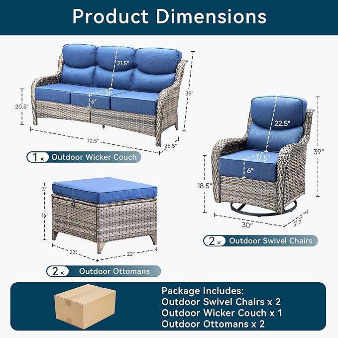 Luxury High Back Outdoor Furniture with 6-Inch Thick Cushions, Patio Furniture Set with Swivel Chairs, 5 PCS Wicker Conversation Set for Porch, Balcony, Deck and Yard