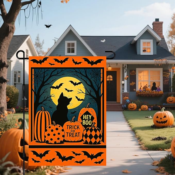 IVN Spooky Halloween Garden Flag 12x18 Inch Double Sided Black Cat Witch Pumpkin Jack O’ Lantern Trick or Treat Outdoor Fall Yard Flag for Outside Home Front Door Lawn Porch Patio Welcome Decor