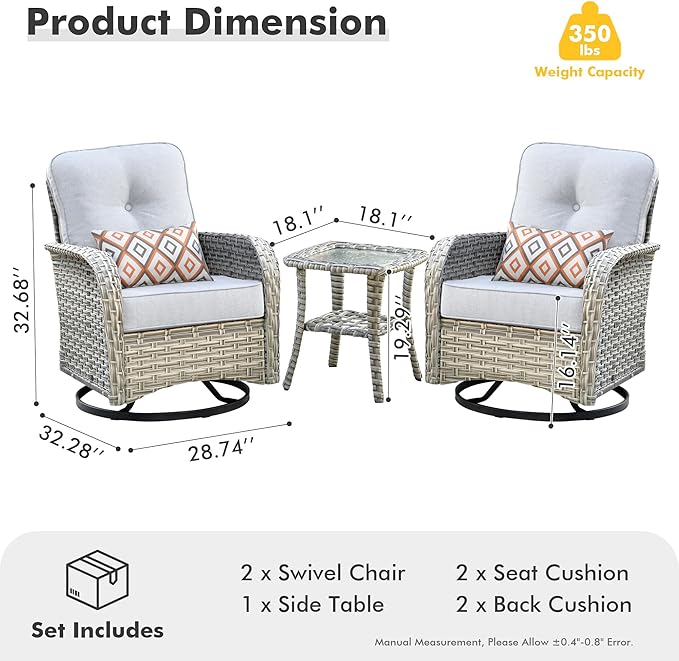 HOOOWOOO Outdoor Patio Bistro Set,3 Pieces Wicker Out Door Swivel Rocking Chair with Matching Side Table,Patio Furniture Sets,Light Gray