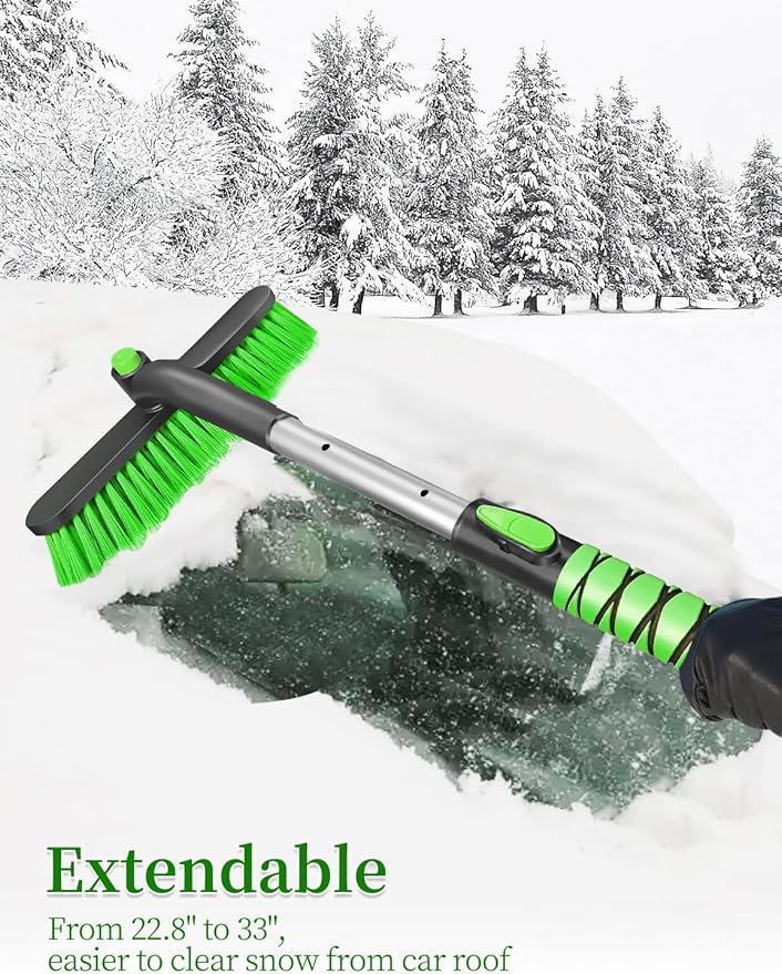 HEEYA Car Ice Scraper with 12.6 Inch Large Brush Head, Snow Brush and Ice Scraper for SUV Windshield Window, Extendable Snow Scraper for Truck Automobile Vehicle - Green