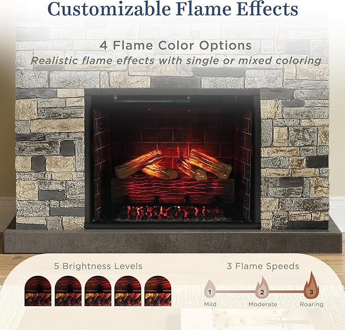 Country Living - Dixson Fireplace Mantel Package, 28” Fireplace Insert, Stone Brick Mantel Surround, Alexa/WiFi Enabled, 1500W