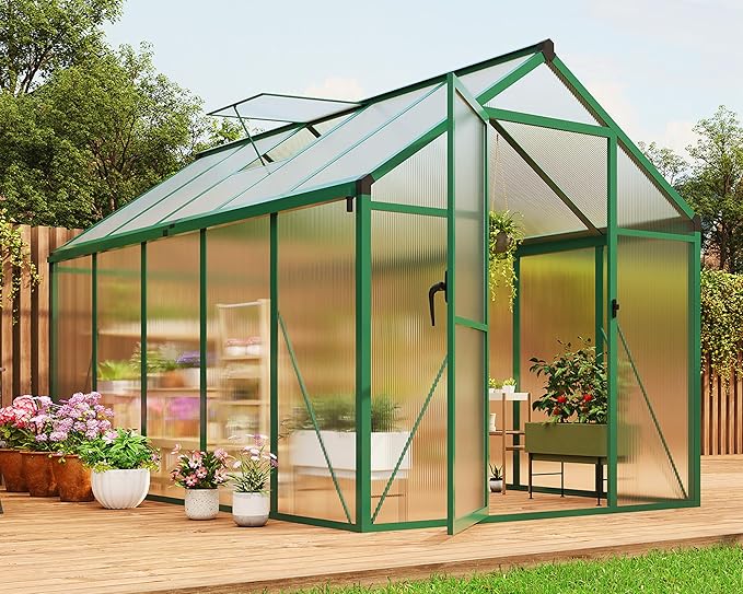 6x10 FT Walk in Greenhouse Aluminumfor , with Roof Vent, Groud Nail, Lockable Push Door, Aluminum Frame and Poly Carbonate Material with Quick Setup Graden, Vegetable Garden and Leisure Room