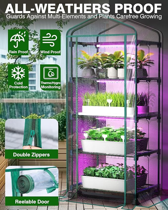 PYY Mini Indoor Greenhouse with Grow Light - Small Portable Outdoor Plant Green House Cabinet with Wheels, Thermometer, PVC Tent Cover, 4 Dimmable 3 Color 2FT 36W LED Kit, 4 Tier Gardening Shelves
