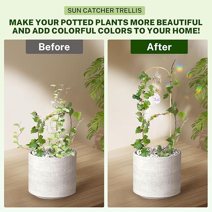 Small Trellis for Potted Plants Indoor with Colorful Crystal Sun Catcher, 14.17 Inch Metal Plant Lattice for Mini Potted Plant Decoration for Home Window Garden 4 Pack