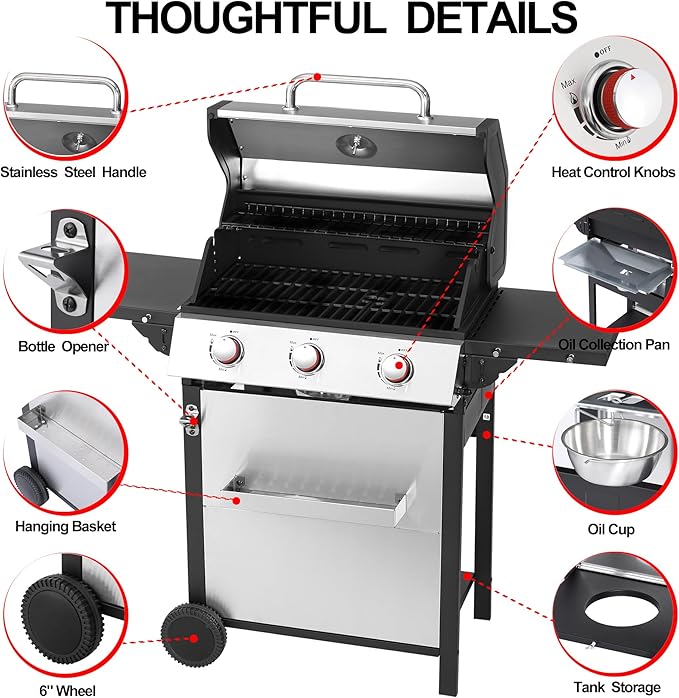 3-Burner Propane Gas Grill with Stainless Steel Cabinet - Outdoor BBQ Grill Side Table, Knob Controls, Cast Iron Grates & Thermometer