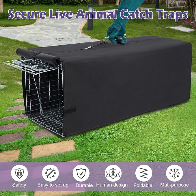 Live Animal Trap Cage with Cover and Gloves, Heavy Duty Folding Animal Traps Cage for Stray Cats, Humane Cat Trap for Raccoon, Squirrel, Skunk, Catch and Release - (32 x 10 x 12 inches)