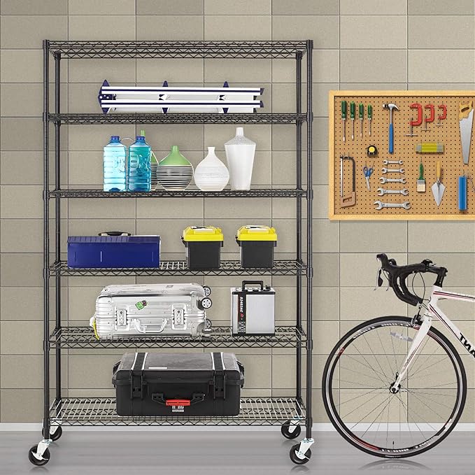 FDW 48" L×18" W×76" H Wire Shelving Unit Metal Shelf with 6 Tier Casters Adjustable Layer Rack Strong Steel for Restaurant Garage Pantry Kitchen Garage,Black