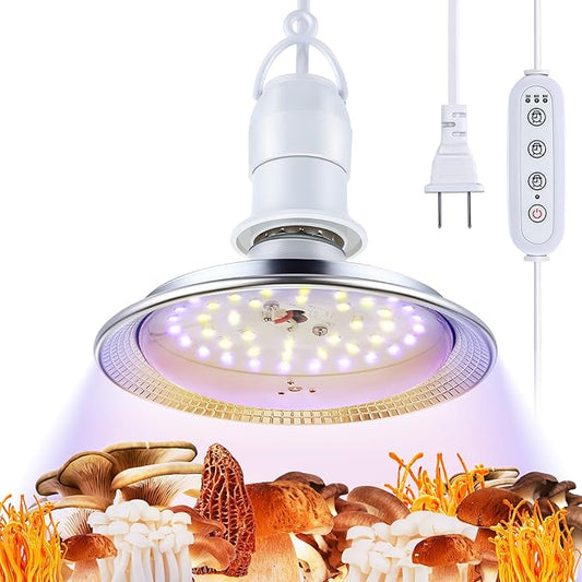 Meonum Mushroom Grow Light with 3/6/9 Hour Timer, 360° LED Hanging Grow Lights Bulb for Mushroom with 6.5ft Extension Cord, 6000K Blue&5000K White Lamp for Indoor Plants Growing Kit Supplies (1 Pack)