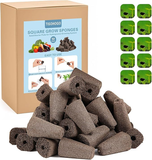 50 Pack Square Seed Starter Pods for Indoor Hydroponics Growing System, 50pcs Square Grow Sponges with 10 Square Pods Labels, Supplies Replacement Compatible with IDOO, QYO, LYKO