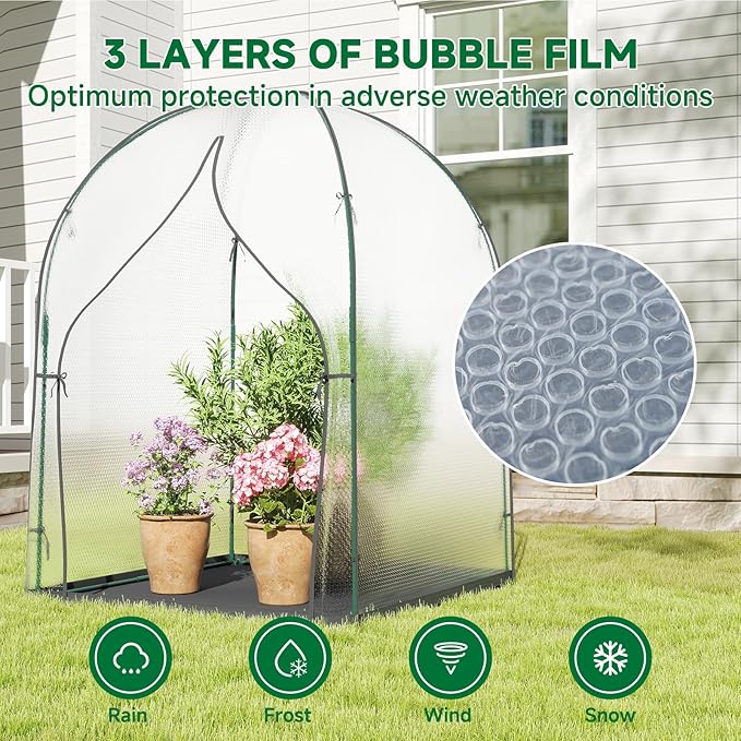 Portable Greenhouse for Outdoors, Green House Tent with Thick Bubble Film Cover, Ground Mat, Zippered Door Walk-in Mini Green House Kit for Outside, 59x59x75 Inch