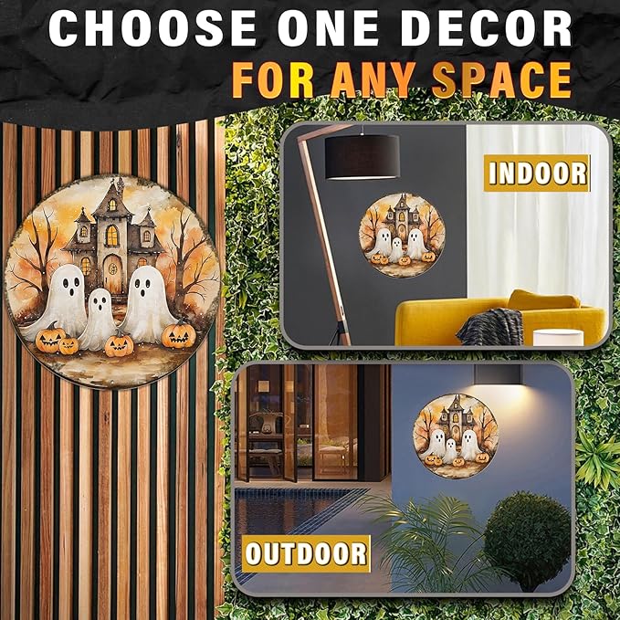 PEACHGARDEN Round Cute Ghost Halloween Vintage Sign Halloween Pumpkin Metal Tin Sign for Home Bar Kitchen Hotel Dining Room Coffee 8x8inch