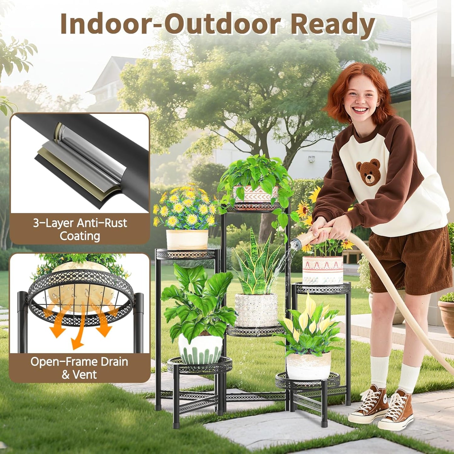 LASZOLA 6 Tiered Folding Tall Plant Stand Indoor Outdoor for Large Planter, Heavy Duty Metal Adjustable Multiple Flower Rack for Corner, Wrought Iron High Spiral Holder for Modern House Patio, Black