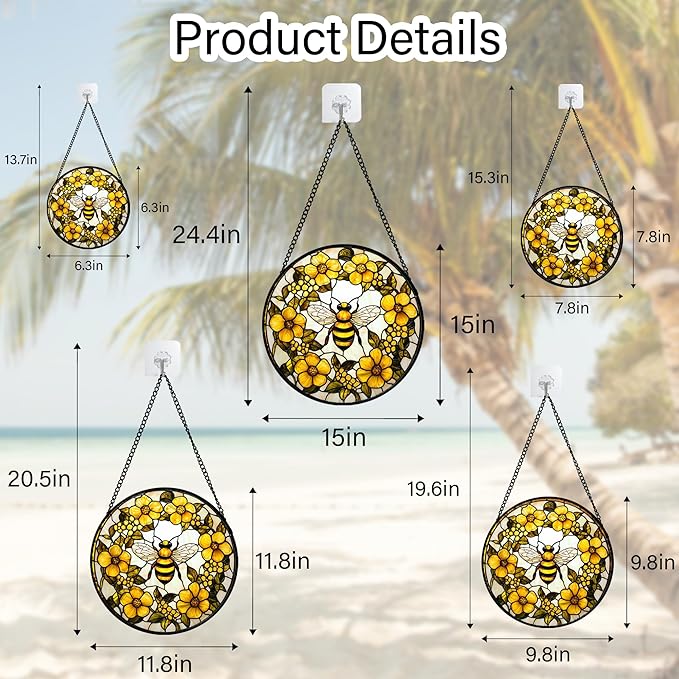 Stained Glass Window Hanging - Yellow Flowers Surrounded by Bees Sun Catcher for Door Garden Home Decor Cute Suncatcher Christmas Mother's Day Birthday Gifts for Women Men Mom Nana 6.3 in