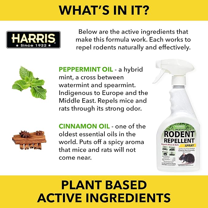 Harris Peppermint Oil Mice & Rodent Repellent Spray for House and Car Engines, Humane Mouse Trap Substitute, 20oz