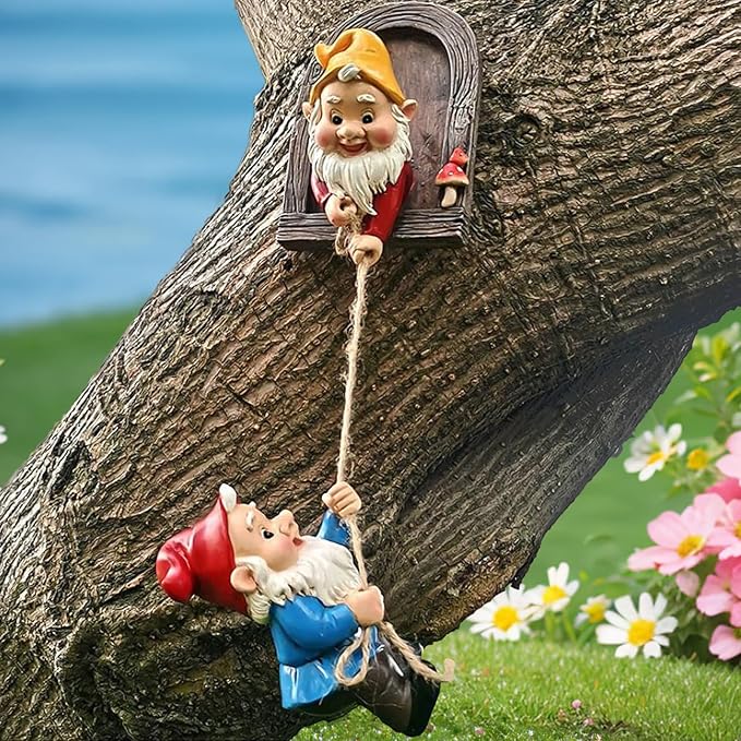 Gnomes Statues Garden Decorative, Tree Faces Decor Outdoor for Patio Lawn Porch Fence, Funny Fairy Doors, Tree Peeker Hugger (2 Pack)