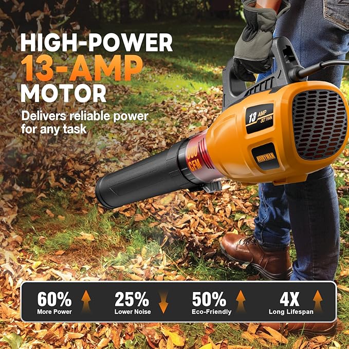 ALLOYMAN 13AMP Cord Leaf Blower with 49FT Extension Cord, 140MPH, 800CFM Airflow, Lightweight Portable Electric Leaf Blower Ideal for Heavy Duty Fall Cleanup, Patio Cleaning, Lawn Care, etc