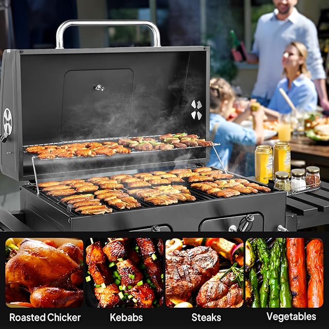 ROVSUN Charcoal Grill with Two Side Tables, Extra Large Cooking Area, Two Individual Lifting Charcoal Trays, Pull-out Ash Tray, Perfect BBQ Grill for Outdoor Picnic, Black