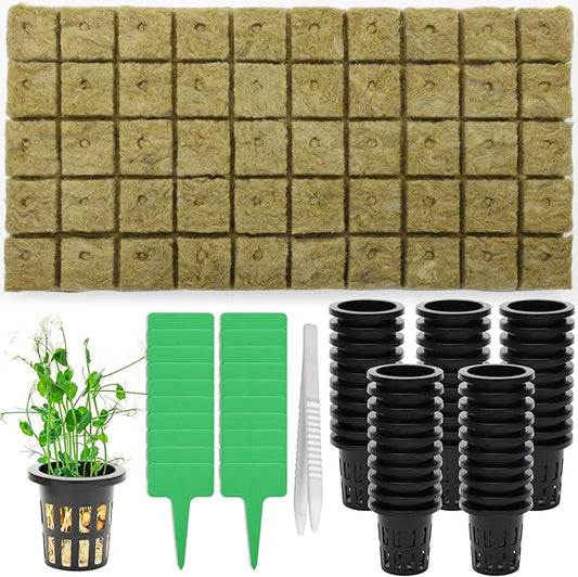 Windspeed 120Pcs Rockwool Planting Cubes Set 1 Inch, Rock Wool Seed Starter Cubes Set for Rooting Starting Seeds Include 50P Rockwool Cubes 50P 1.5 in Hydroponics Basket 20 Plant Tags 1 Tweezers