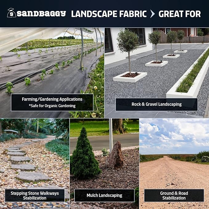 Sandbaggy 10 ft x 200 ft Landscape Fabric | 40 Year Fabric | for Weed Barrier, Ground Cover, Garden | Industrial Grade | 135 Lbs of Tensile | UV Protected | DOT Approved (10 Rolls - 10 ft x 200 ft)