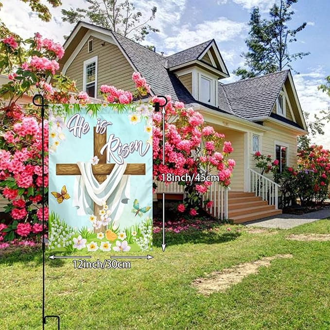Christian Easter He Is Risen Cross Spring Garden Flag Welcome Party Outdoor Outside Decorations Picks Home House Garden Yard Decor 12x18 Inch