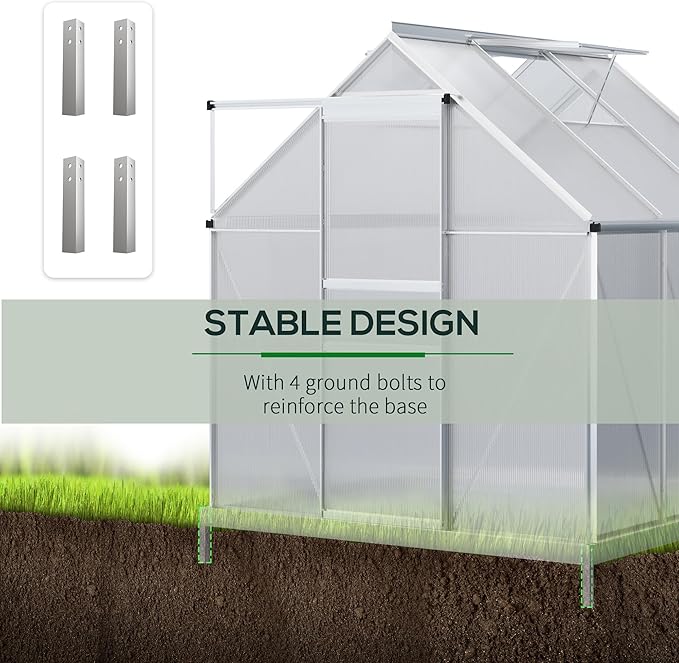 Outsunny 6' x 6' x 6.5' Polycarbonate Greenhouse with Adjustable Roof Vent, Walk-in Heavy Duty Green House Kit with Aluminum Frame, Sliding Door and Rain Gutter for Winter, Silver