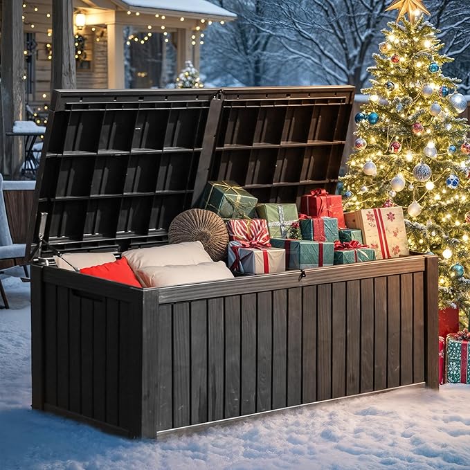 YITAHOME 150 Gallon Large Deck Box w/Divider, XL Waterproof Outdoor Storage for Patio Furniture,Outdoor Cushions, Garden Tools, Sports Equipment and Pool Supplies, Resin, Lockable, Black