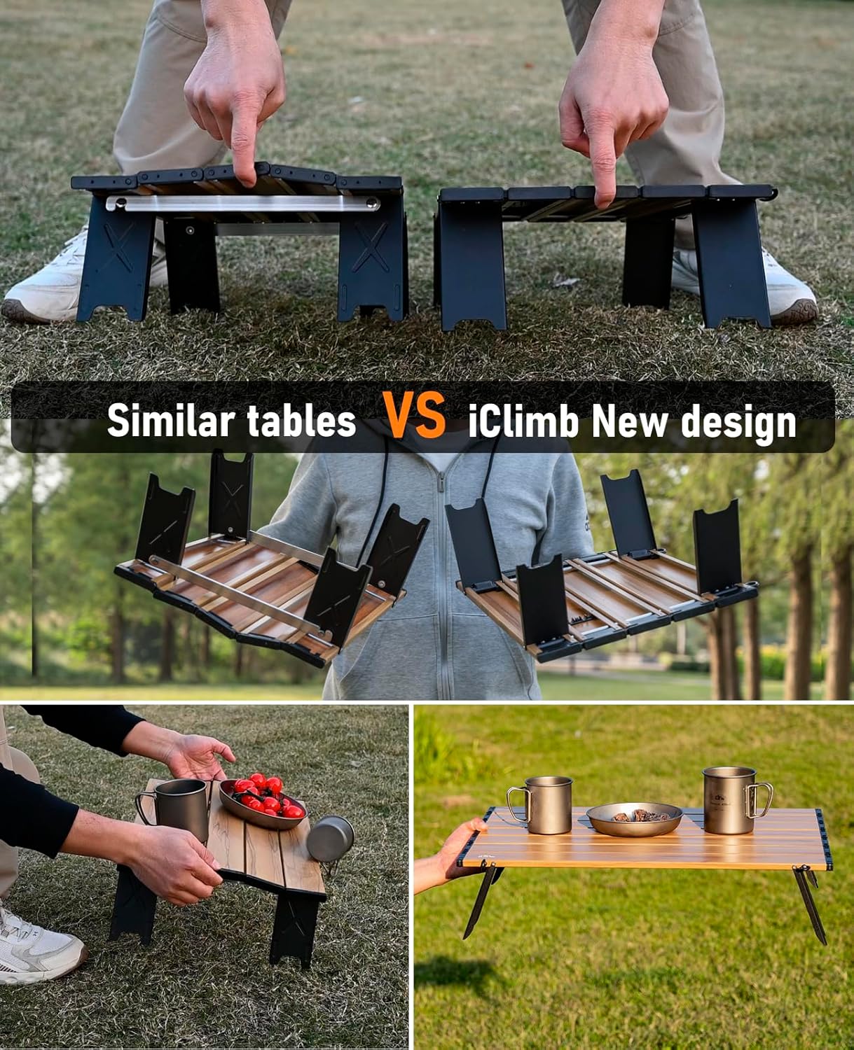 iClimb Ultralight Compact Mini Beach Picnic Folding Alu. Table with Carry Bag, Two Size (Black - L)