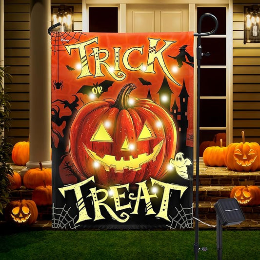 FLAGWIX Halloween Garden Flag - Solar Flag Light for Garden Decor 11.5"x17.5" - Fall Garden Flags for Halloween Decorations, Pumpkin Yard Flags for Fall Outdoor Decor, Outside Decorations for Yard