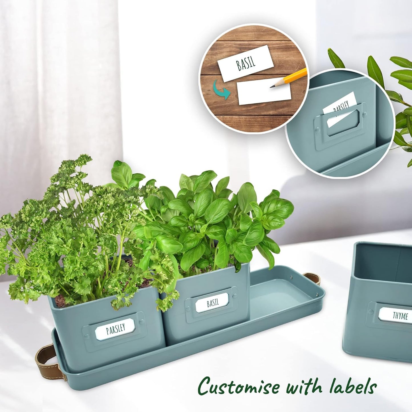 Herb Planter Indoor - Set of 3 Teal Blue Indoor Herb Garden Pots with Leather Handled Tray - Window Sill Plant Shelf - Pots with Drainage Holes and Labels