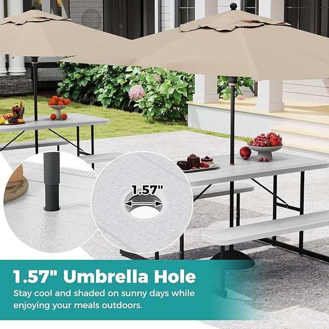 Giantex Picnic Table Bench Set for 4 People, 4.5FT Outdoor Rectangular Dining Table & 2 Benches w/Umbrella Hole, HDPE Tabletop, Metal Frame, Patio Garden Backyard Poolside (4.5FT,Non-Foldable,White)